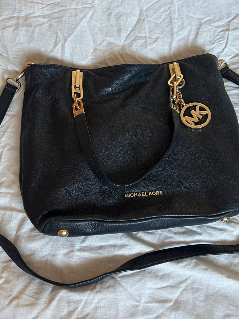 Michael Kors Black Leather Shoulder Bag with Gold Tone Hardware